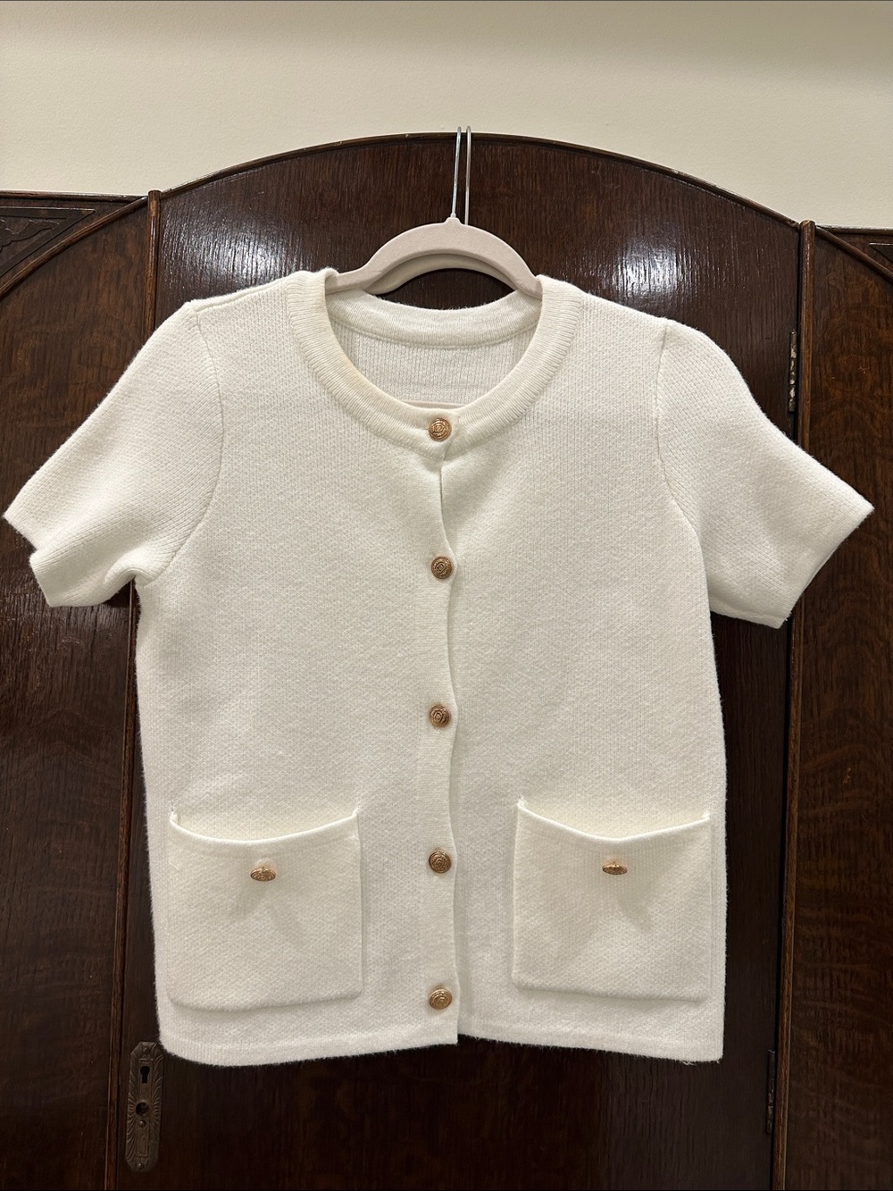 Cream Short-Sleeve Button Front Knit Cardigan